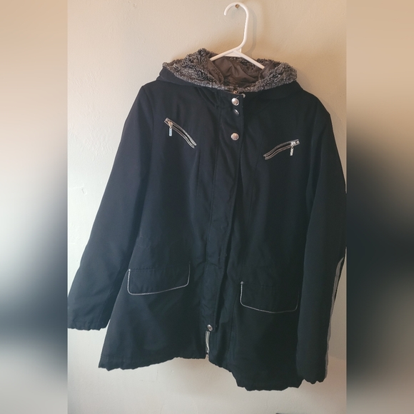 Womens large Liz Clairborne black winter coat jacket hooded with faux fur lining - Picture 5 of 11